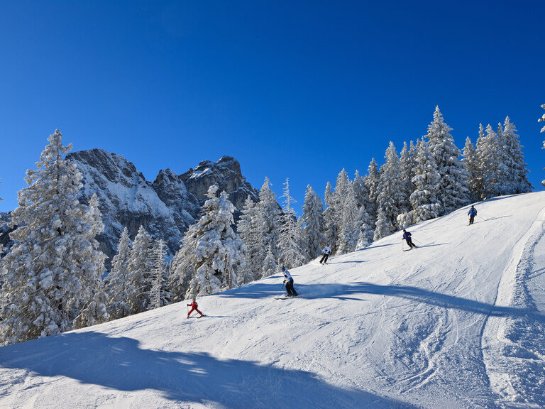Mehrere Skifahrer fahren einen verschneiten Hang hinunter.
